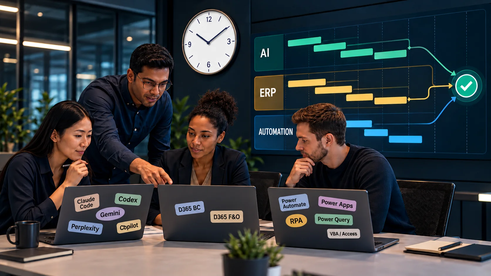 Concept illustration of AI, ERP, and automation specialists planning separate project lanes toward a shared outcome, with a clock above the roadmap