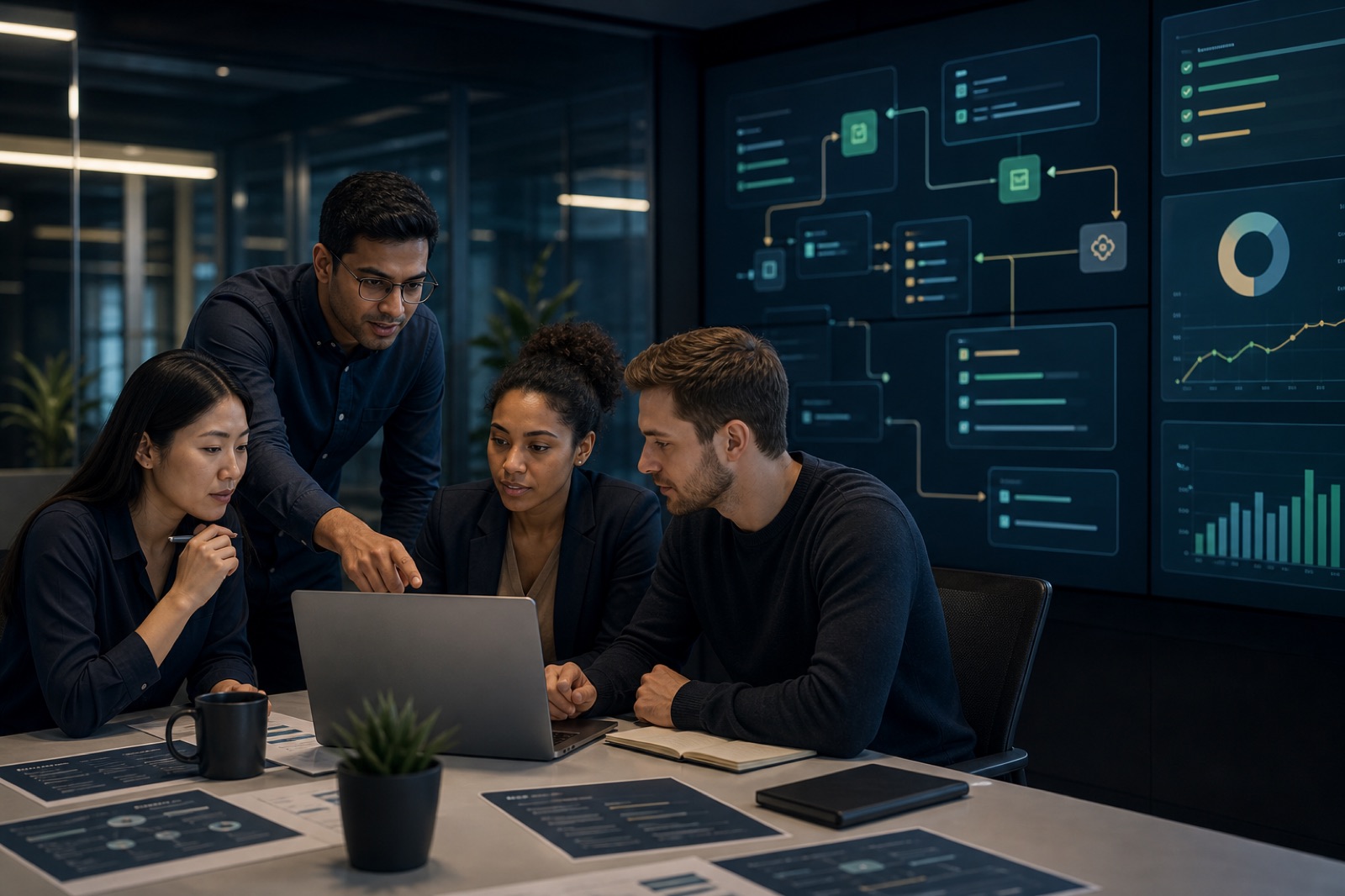 People reviewing workflow dashboards on a laptop and wall screens
