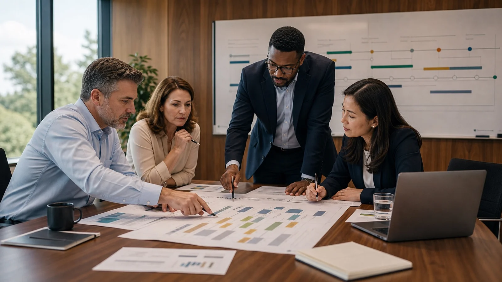 Four colleagues reviewing printed charts at a meeting table